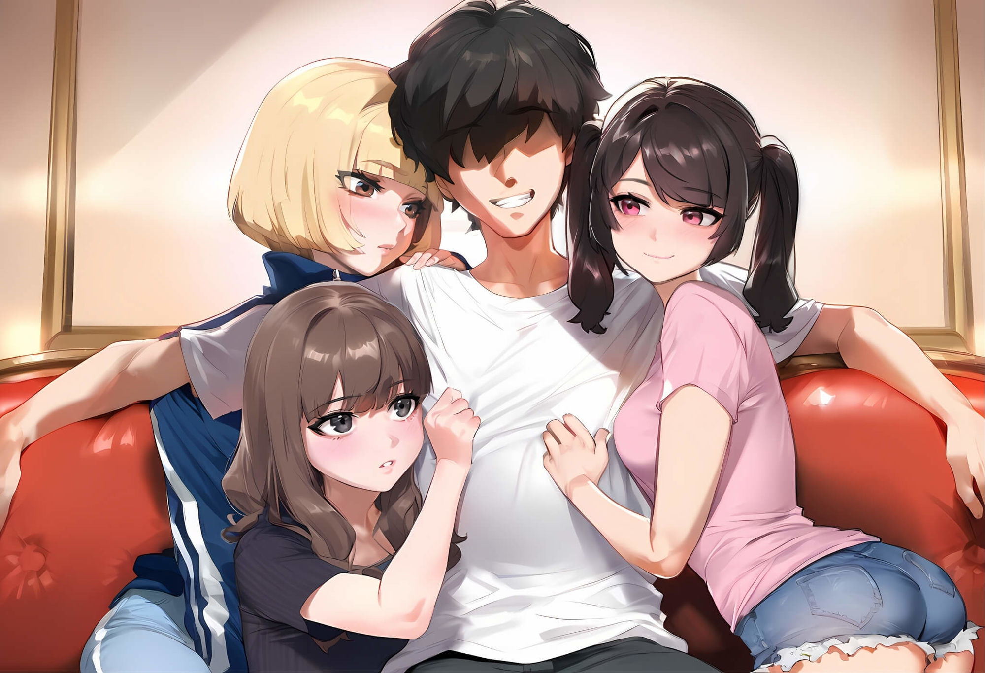 3人のかわいい女の子に抱きつかれハーレム状態の主人公